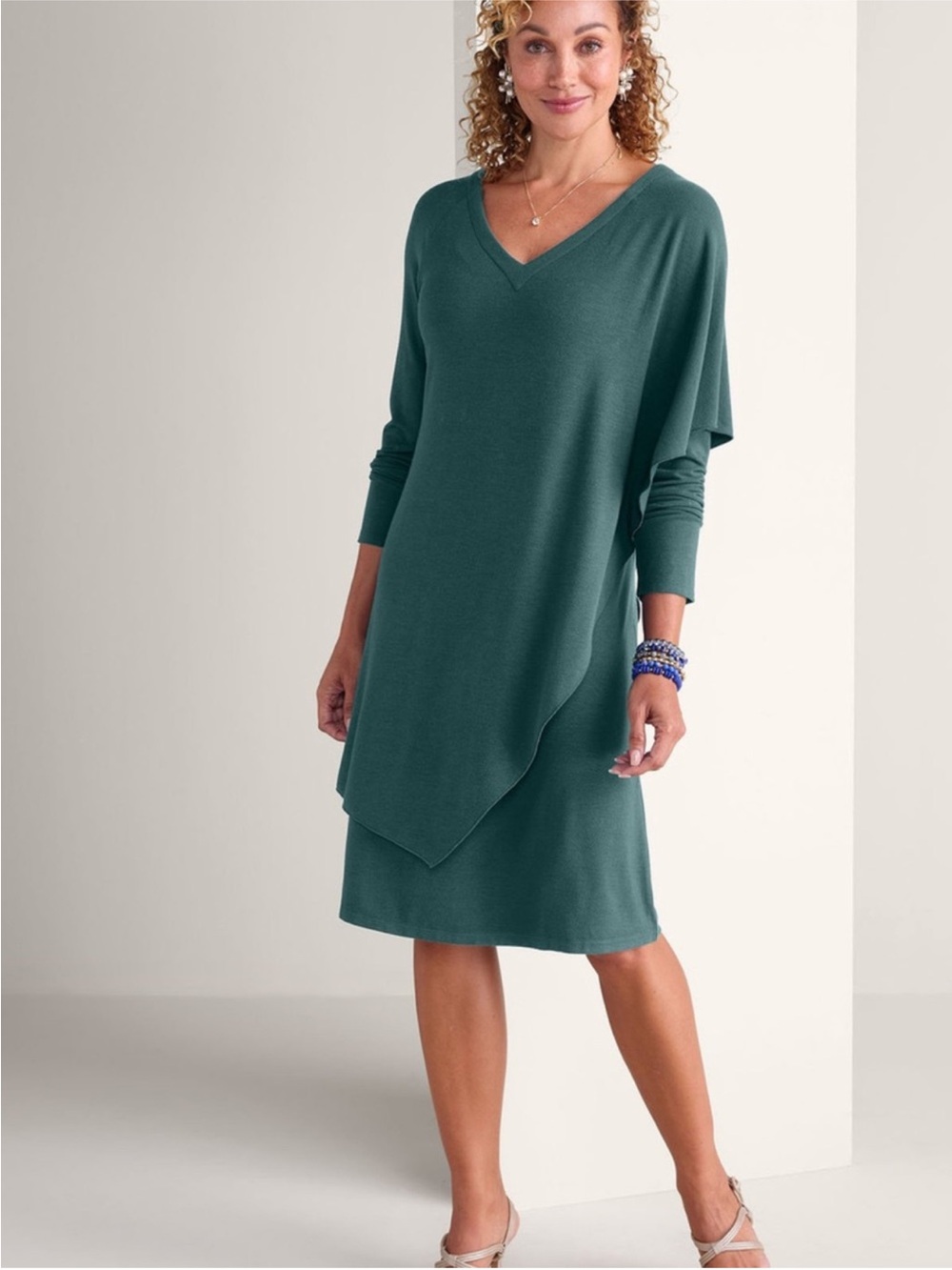 SOFT SURROUNDINGS Marla Jewel Green Draped
Asymmetric Long Sleeve Dress Size XL